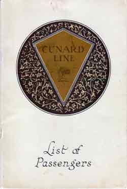 Passenger List, Cunard Line RMS Laconia II - Jan 1927