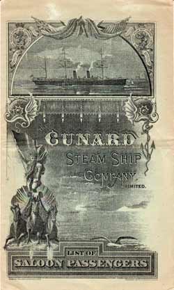 Passenger List, Cunard Line R.M.S.Lucania, Eastbound Voyage 1898