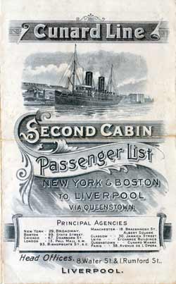 Passenger List, Cunard Line R.M.S.Lucania, Sep 1900
