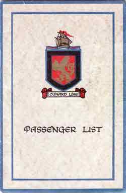 Passenger List, Cunard Line RMS Samaria - Sep 1927