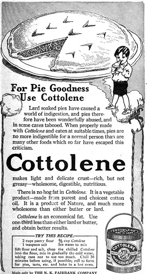 Cottolene Shortening Advertisement, American Cookery Magazine, October 1912.