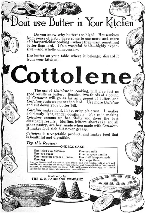 Cottolene Shortening Advertisement, American Cookery Magazine, February 1913.