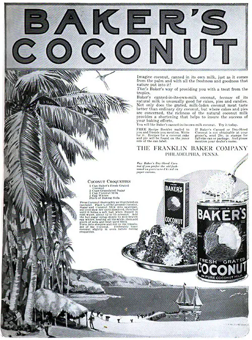Baker's Coconut Advertisement, Forecast Magazine, April 1920.