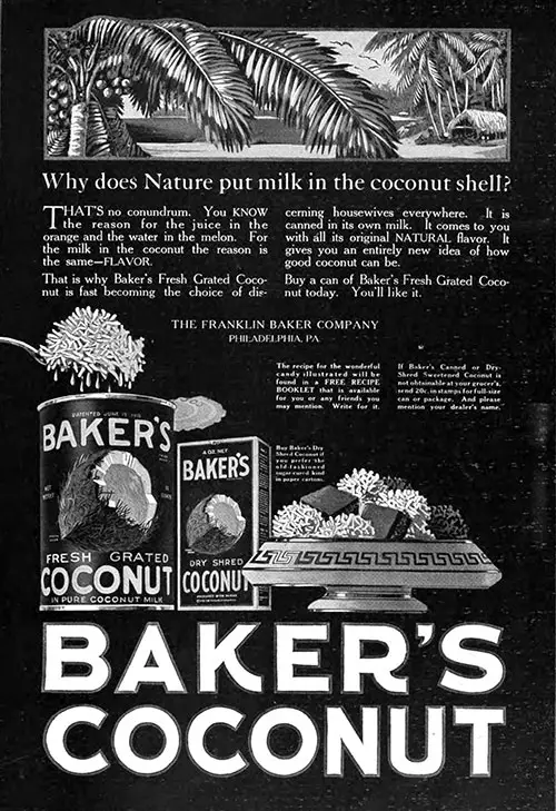 Baker's Coconut Advertisement, Forecast Magazine, December 1920.