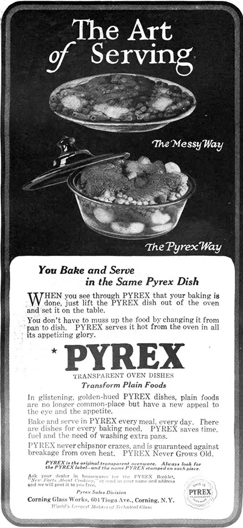 Pyrex Transparent Oven Dishes by Corning Glass Works Advertisement, Good Housekeeping Magazine, October 1920.