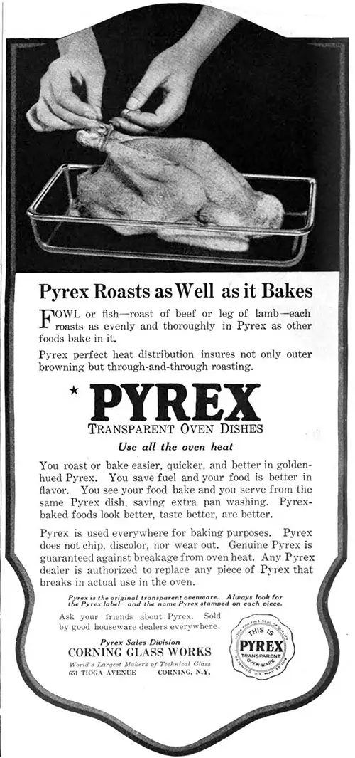 Pyrex Transparent Oven Dishes by Corning Glass Works Advertisement, Good Housekeeping Magazine, March 1921.