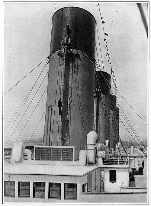 View of the Titanic Looking Aft, Showing Her Gigantic Funnels and Her Upper Decks. 
