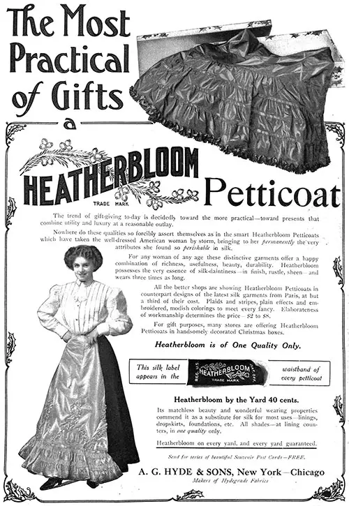 1908 Print Advertisement for the Heatherbloom Petticoat™ Manufactured by A. G. Hyde & Sons, New York and Chicago. The Delineator, December 1908.