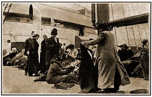 Succouring the Saved: Women Passengers on the Carpathia Sewing for the Titanic Survivors and Distributing Clothes.