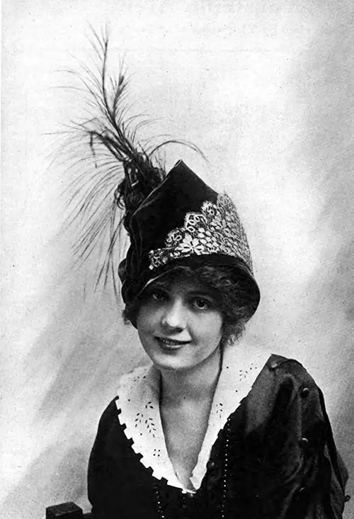 Velvet Toque in Hussar Style with Plumage and Gold Lace Trimming. From the New York Showroom of The Hart & Co, Cleveland.