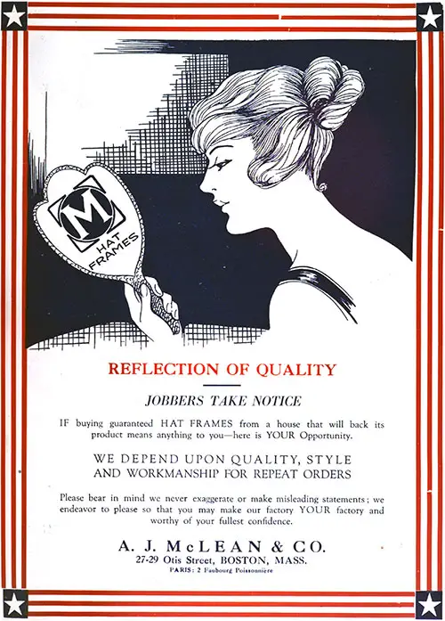 1918 Print Advertisement from the A. J. McLean & Company, Boston and Paris for Hat Frames. The Illustrated Milliner, August 1918.