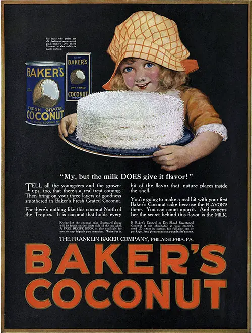 Baker's Coconut Color Advertisement Young Girl Holding Big White Coconut Cake. The Ladies' Home Journal, January 1921.
