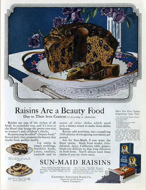 California Sun-Maid Raisins - Raisins Are a Beauty Food © 1921