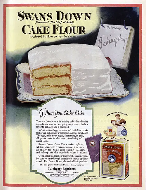 Swans Down Prepared (Not Self Rising) Cake Flour, Preferred by Housewives for 25 Years.