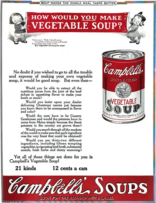 Campbell's Soups - How Would You Make Vegetable Soup? © 1923