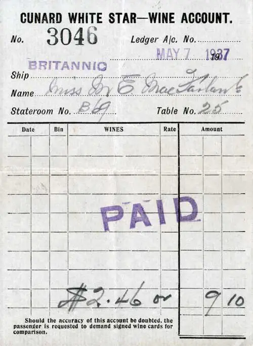Receipt for Payment of Wine Purchased During Voyage by This Passenger on Account. While This Receipt Dates From 1937, Receipts From 1910 Would Likely Have a Similar Format.