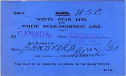 Canadian Alien Card, White Star Dominion Line SS Canada, Blanche Sandford, 1922