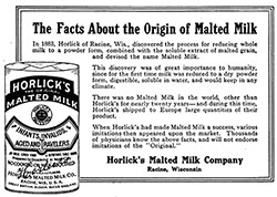 Horlick's Malted Milk: Facts About the Origin of Malted Milk - 1918 Ad