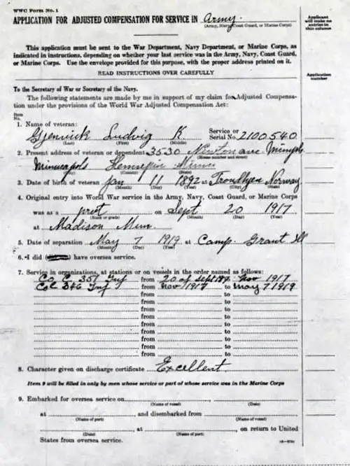 Page One of Application for Adjusted Compensation for Service in Army