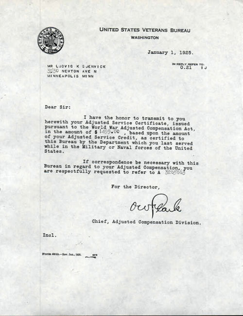 Soldiers Bonus Letter from United States Veterans Bureau 01 January 1925