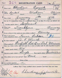 Front Side, World War 1 Draft Registration Card, Christian Gjenvik of Garfield, Minnesota dated 5 June 1917.