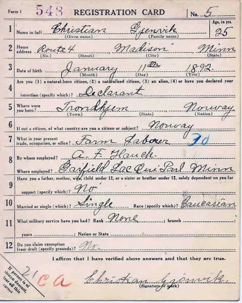 Front Side, World War 1 Draft Registration Card, Christian Gjenvik of Garfield, Minnesota dated 5 June 1917.