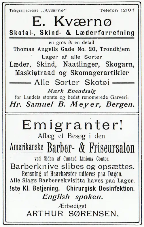 Advertisement: E. Kværnø -- Skotøi-, Skind- og Læderforretning