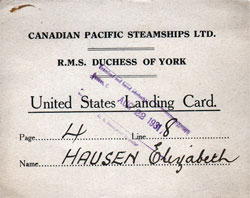 United States Landing Card - Elizabeth HAUSEN 