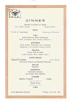 Dinner Menu Card, SS American Farmer, American Merchant Lines, 1934