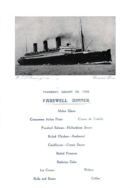 Farewell Dinner Menu, RMS Berengaria 1926