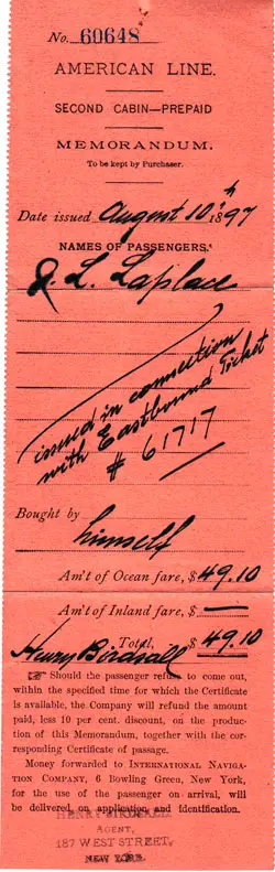 Prepaid Steamship Ticket Memorandum, American Line, 1897