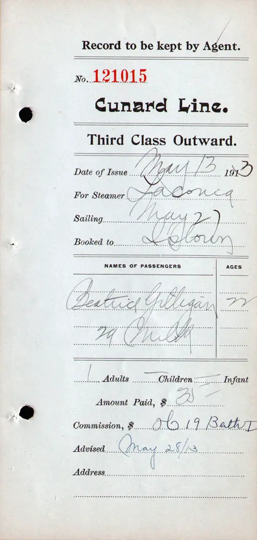 Agents' Record, Third Class Outward Passenger Ticket, Cunard Line 1913