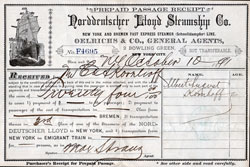 Immigrant's Prepaid Passage Receipt from Norddeutscher Lloyd Bremen 1891