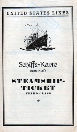 Steamship Ticket, Third Class, United States Lines - 1928