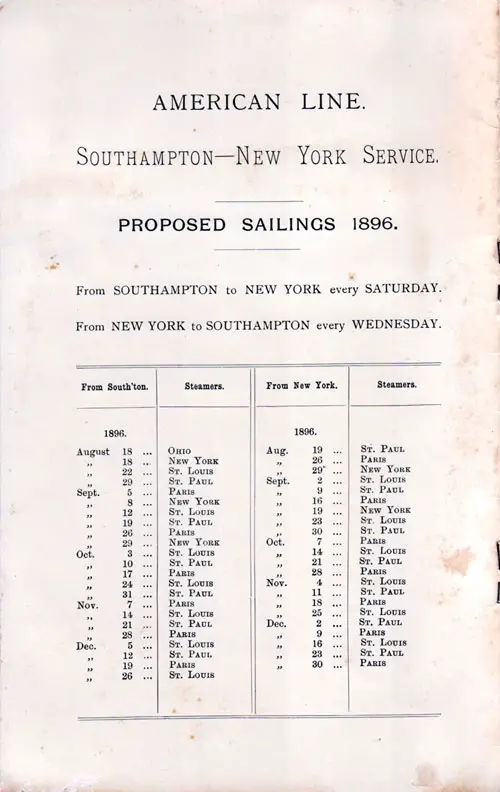 Sailing Schedule, Southampton-New York Service, from 18 August 1896 to 30 December 1896.