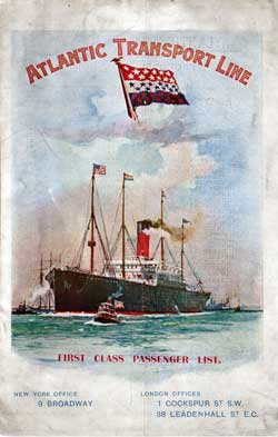 Passenger Manifest, Atlantic Transport Line SS Minneapolis, 1906, London to New York 