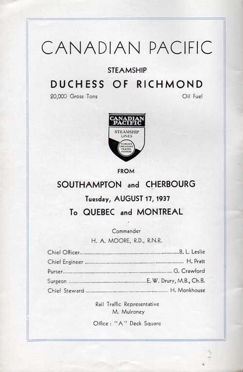 Title Page, SS Duchess of Richmond Cabin and Tourist Class Passenger List, 17 August 1937.