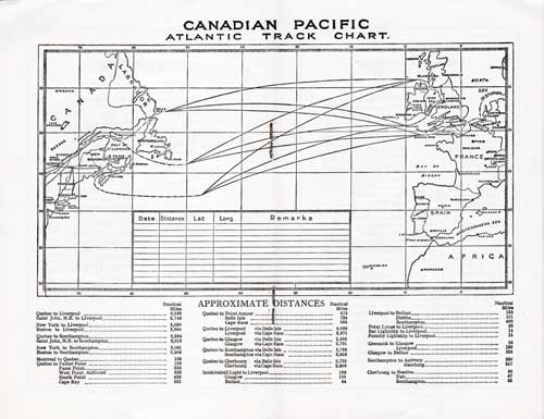 Canadian Pacific Atlantic Track Chart, Memorandum of Log (Unused), and Table of Approximate Distances in Nautical Miles, SS Duchess of Richmond Cabin and Tourist Class Passenger List, 17 August 1937.