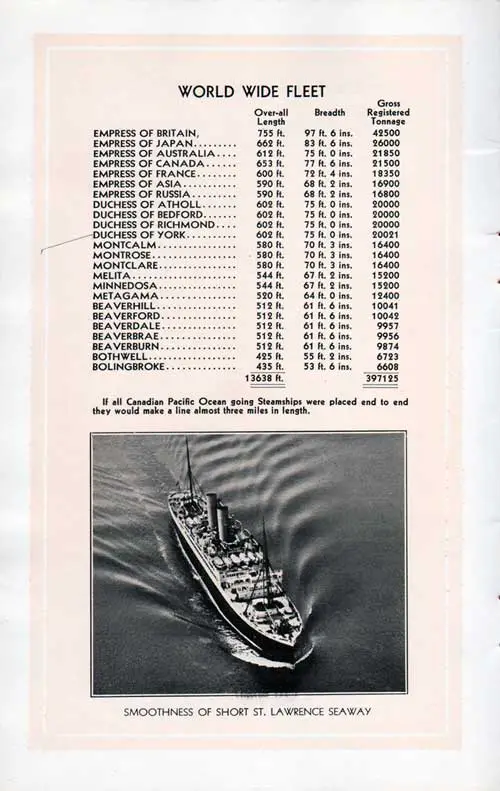 World Wide Fleet of the Canadian Pacific Line, 1931, Showing Photo of CPOS Steamship Navigation the St. Lawrence Seaway.
