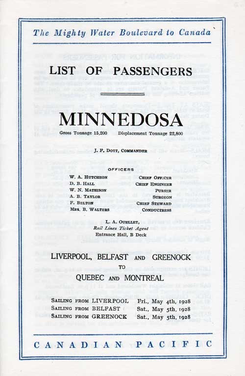 Title Page Including Senior Officers and Staff, SS Minnedosa Cabin Passenger List, 4 May 1928.