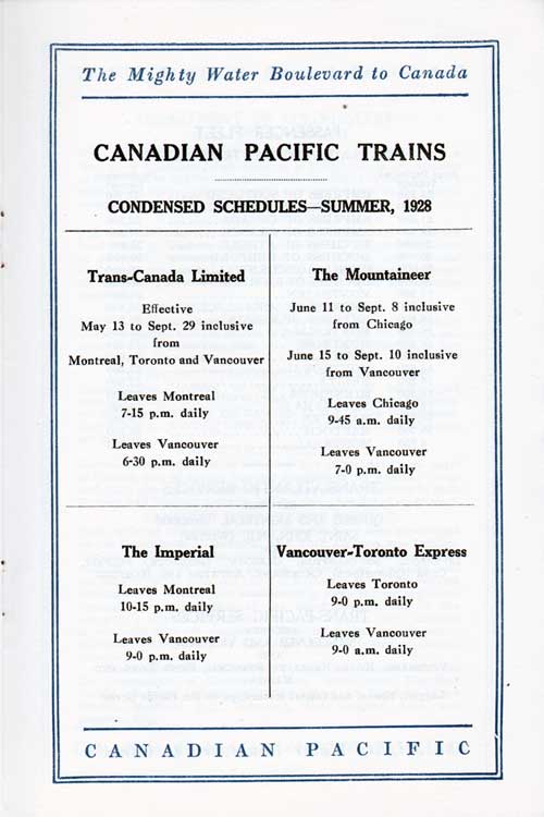 Canadian Pacific Trains, Condensed Schedules, 1928.