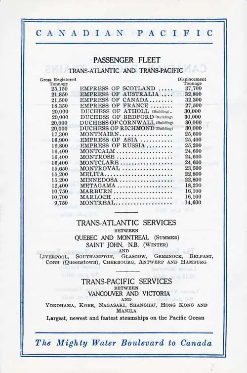 Canadian Pacific Passenger Fleet, Trans-Atlantic and Trans-Pacific, 1928.
