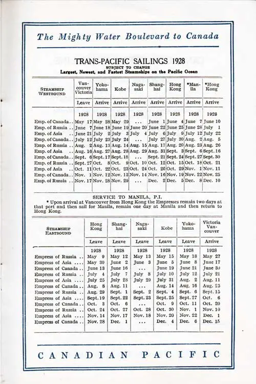 Sailing Schedule, Trans-Pacific Ports (Vancouver-Victoria-Yokohama-Kobe-Nagasaki-Shanghai-Hong Kong-Manila), from 9 May 1928 to 15 December 1928.