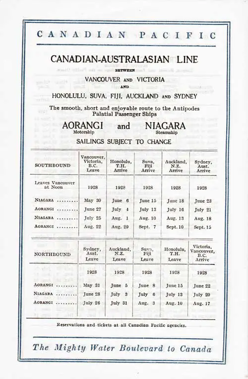 Sailing Schedule, Canadian-Australasian Line Between Vancouver and Victoria, Honolulu, Suva, Fiji, Auckland, and Sydney, from 20 May 1928 to 15 September 1928.