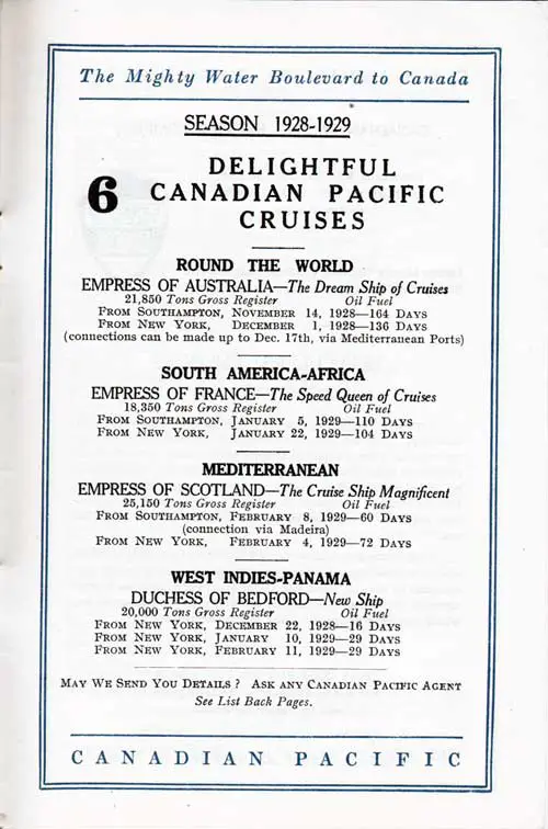 Advertisement: Six Delightful Canadian Pacific Cruises, 1928-1929 Season.