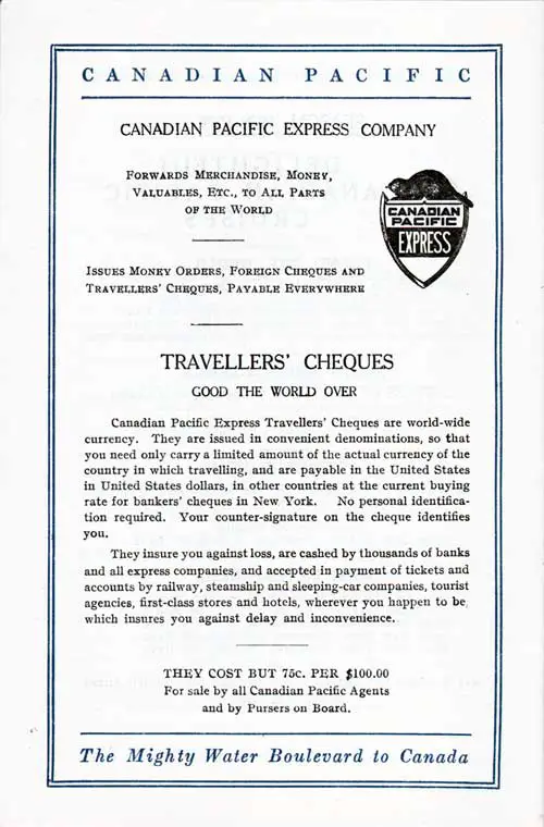 Advertisement: Canadian Pacific Express Travellers' Cheques.