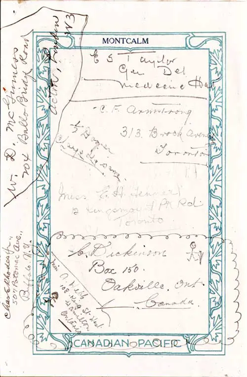 Passenger Autographs and Notations from the 13 July 1923 Voyage of the SS Montcalm.