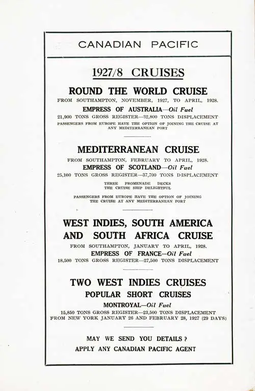 Advertisement: Canadian Pacfic 1927-1928 Cruises.