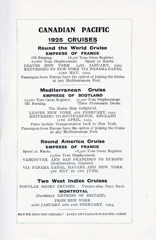 Advertisement: Canadian Pacific 1925 Cruises.