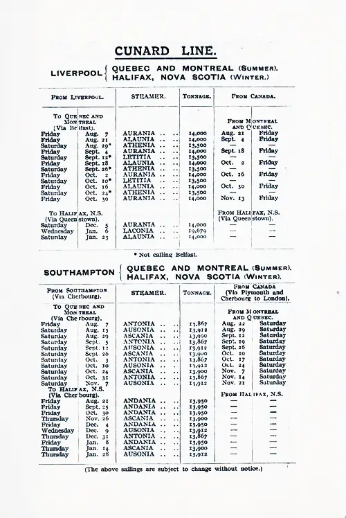 Cunard Line Canadian Service, Liverpool-Canadian Ports, or Southampton to Canadian Ports, from 7 August 1925 to 28 January 1926.